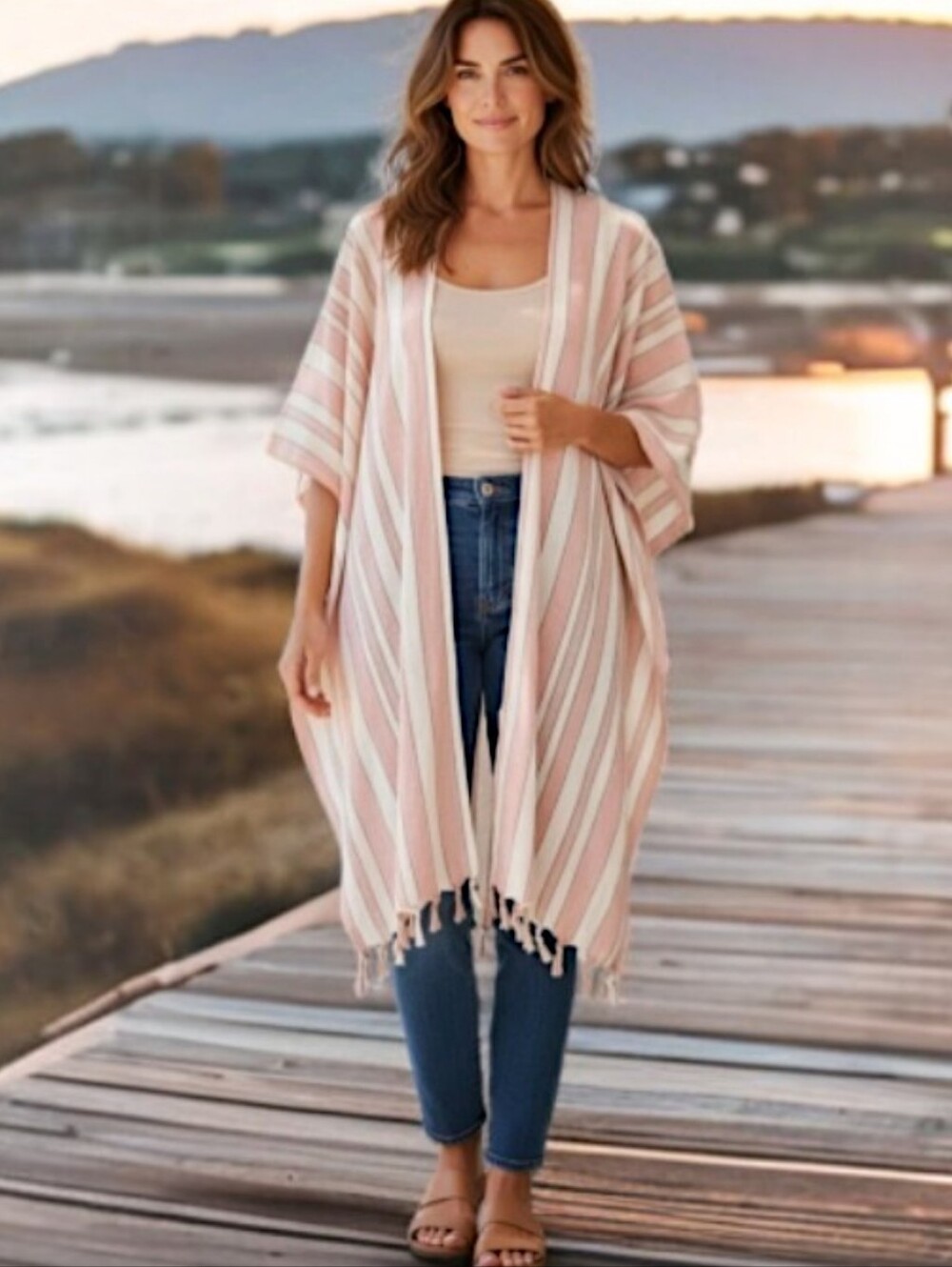 Rays for Days Kimono Cover Up One Size Coral Stripe Fringe Bohemian Beach NEW - Picture 13 of 15